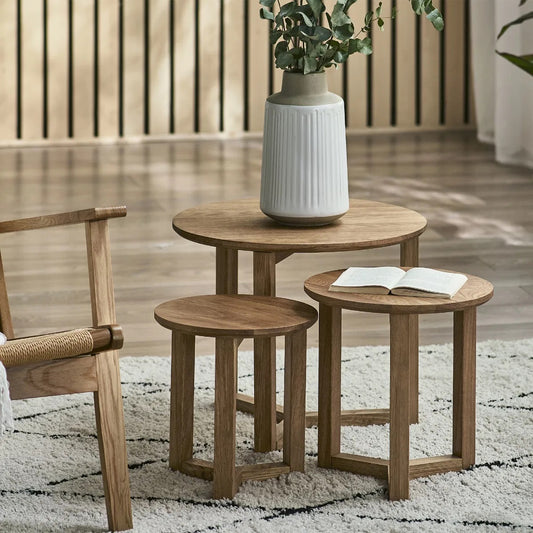A trio of tables that nests neatly together, saving space when not in use and offering multiple configurations, whether placed beside a sofa, bed, or reading nook. www.nobleandnook.co.uk