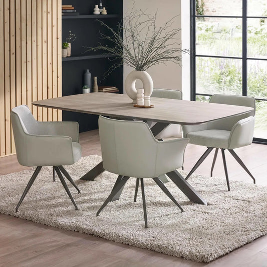 Perfect for family meals, hosting guests, or casual dining, this table features a durable weathered oak-effect laminate top combined solid metal frame. H75 x W160 x D180 cm. Available at www.nobleandnook.co.uk