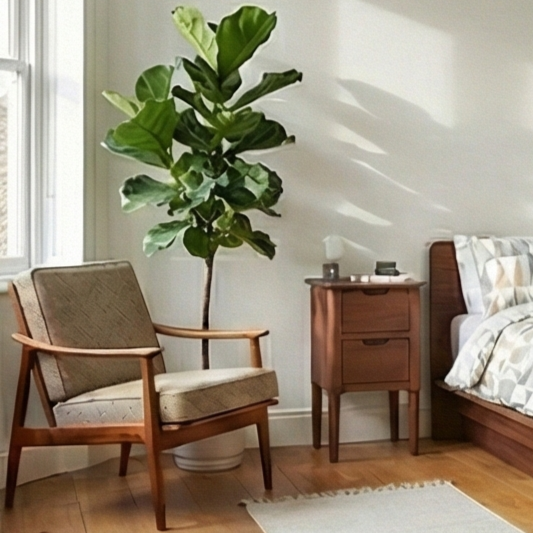 Modern bedroom with wooden chair, nightstand, and bed with a large potted plant.