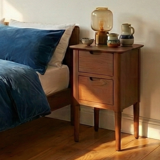 Wooden nightstand with decorative items next to a bed with blue bedding.