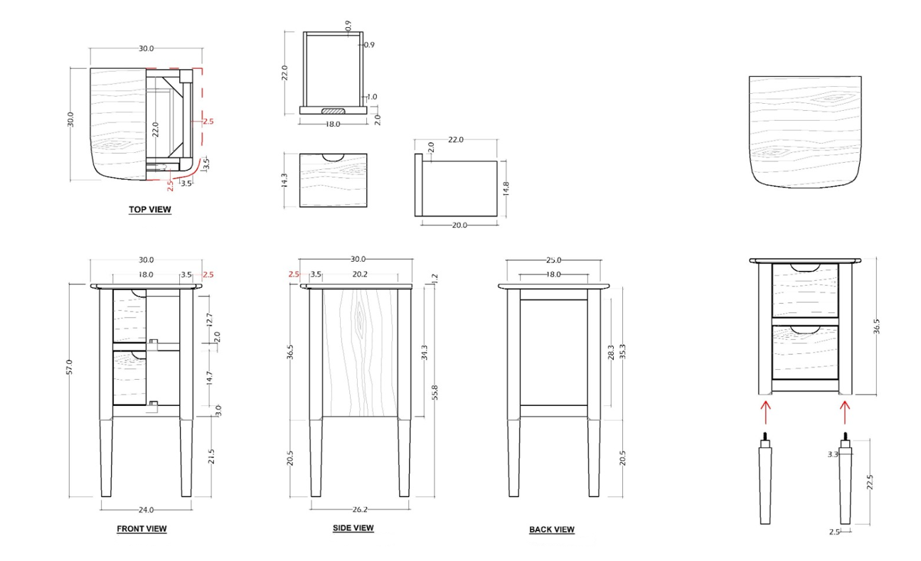 Technical drawings of a wooden cabinet with dimensions labeled
