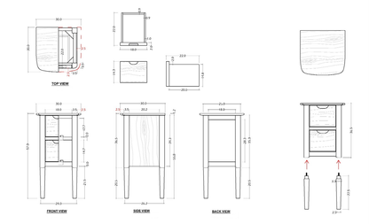 Technical drawings of a wooden cabinet with dimensions labeled