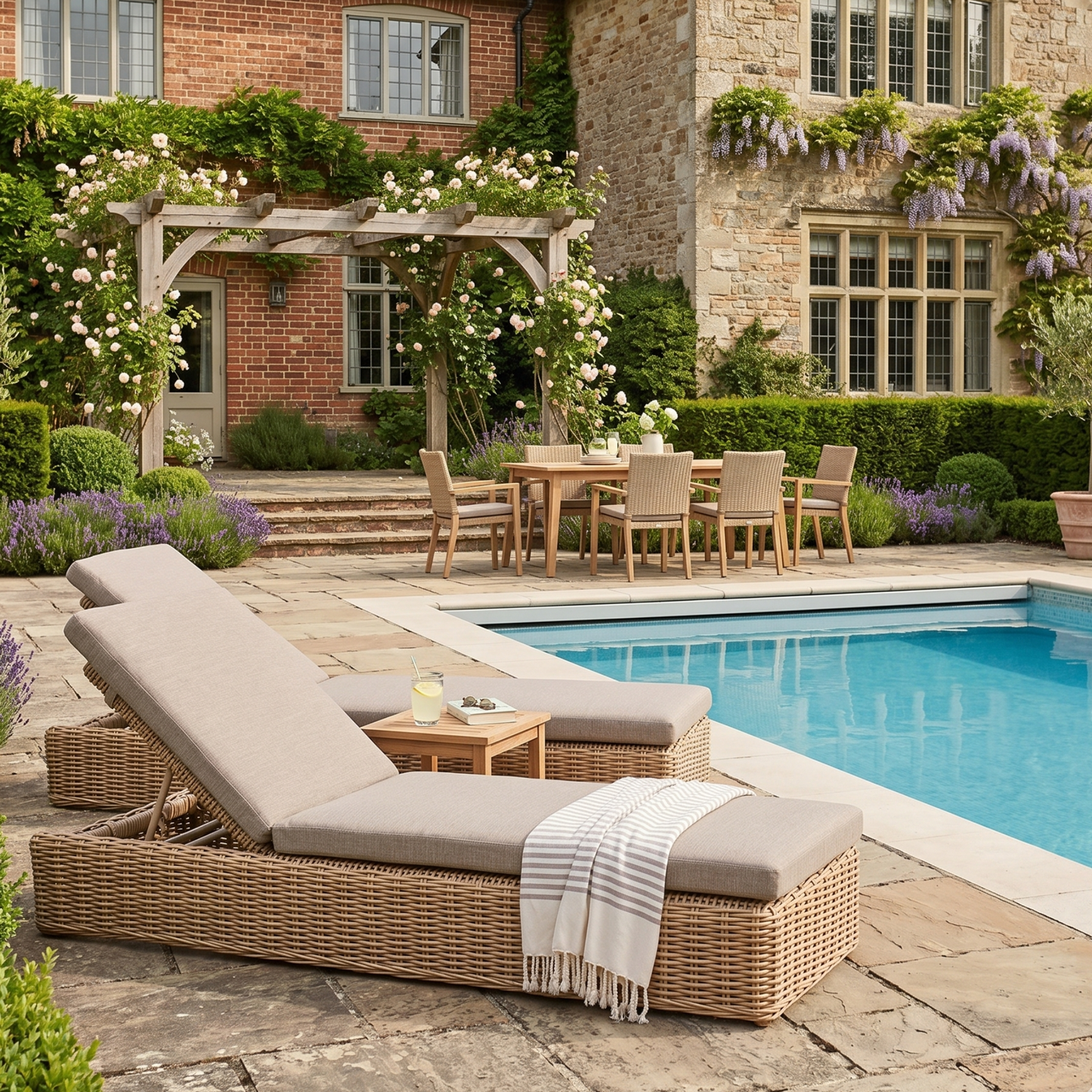 Outdoor lounge chair by a pool with a garden and building in the background