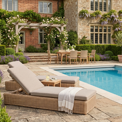 Outdoor lounge chair by a pool with a garden and building in the background