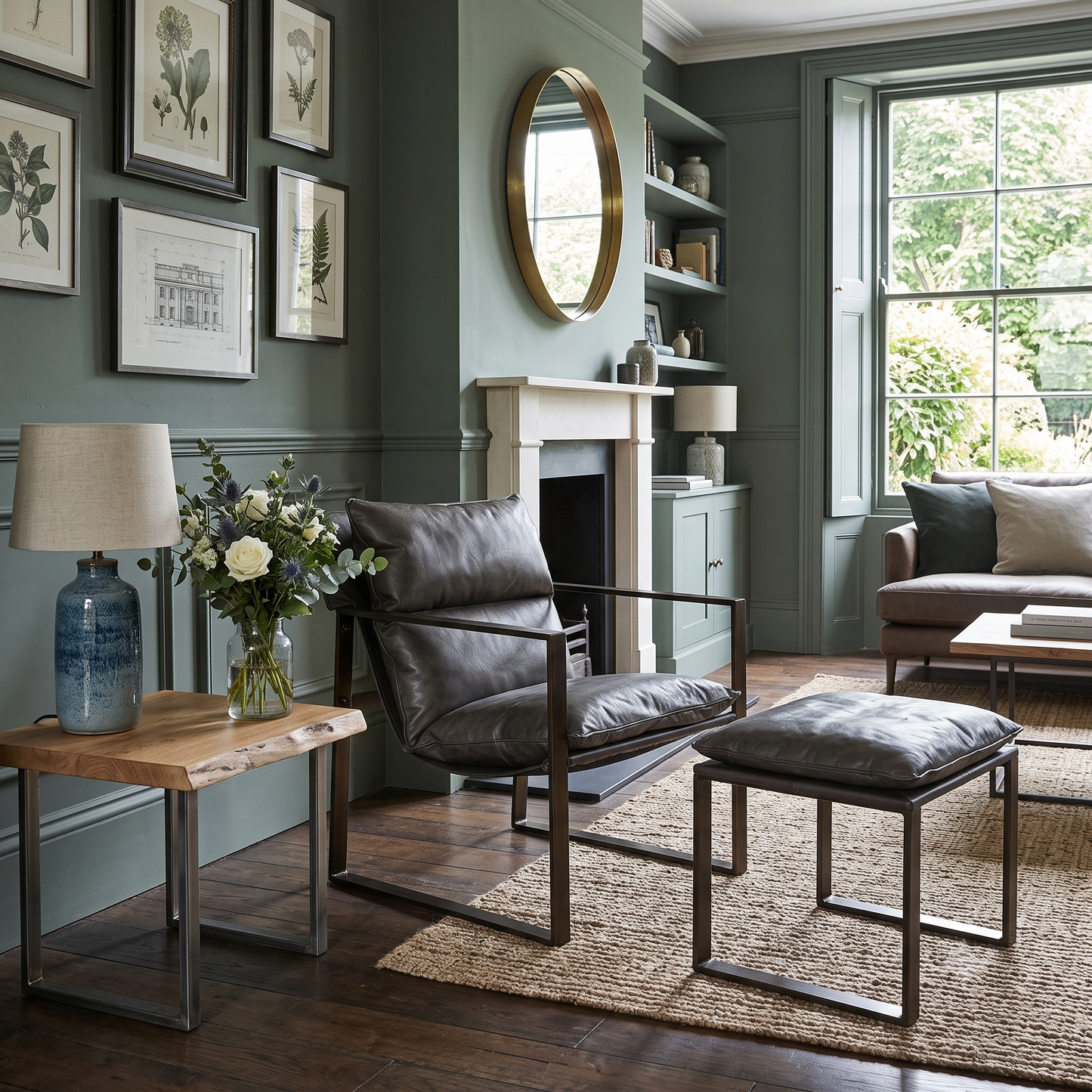 A styled living room featuring a dark gray leather armchair and matching ottoman with a dark metal frame, set on a woven jute rug in front of a fireplace. The room has sage green walls, framed botanical prints, a wooden side table with a blue lamp, and a large window in the background.