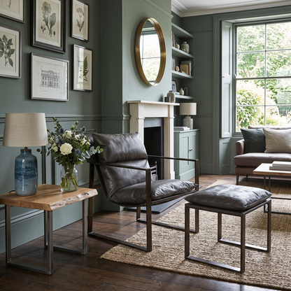 A styled living room featuring a dark gray leather armchair and matching ottoman with a dark metal frame, set on a woven jute rug in front of a fireplace. The room has sage green walls, framed botanical prints, a wooden side table with a blue lamp, and a large window in the background.