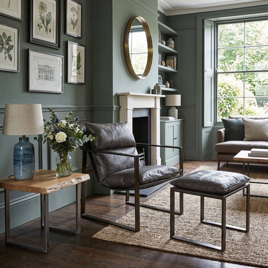 A styled living room featuring a dark gray leather armchair and matching ottoman with a dark metal frame, set on a woven jute rug in front of a fireplace. The room has sage green walls, framed botanical prints, a wooden side table with a blue lamp, and a large window in the background.