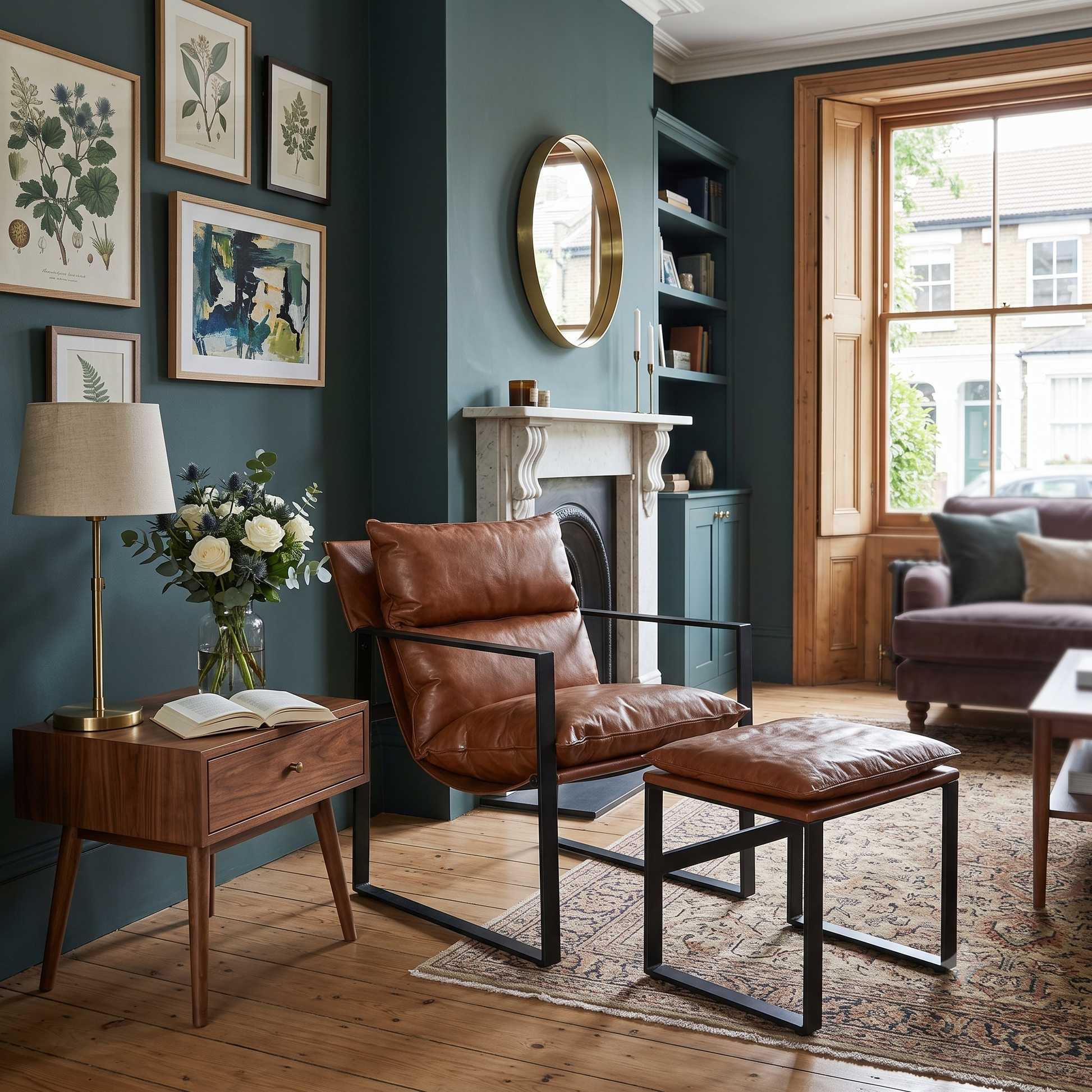 A styled living room featuring a brown leather armchair with a matching footstool, set against a dark teal wall with framed botanical prints and a fireplace.
