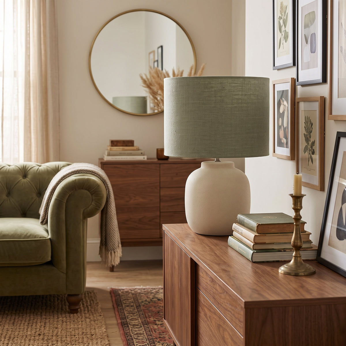 A styled interior scene showing a large table lamp with a muted sage green drum shade and a matte cream ceramic base, placed on a wooden sideboard in a living room. The room includes a green tufted armchair, wall art, a round mirror, books, and a brass candlestick.