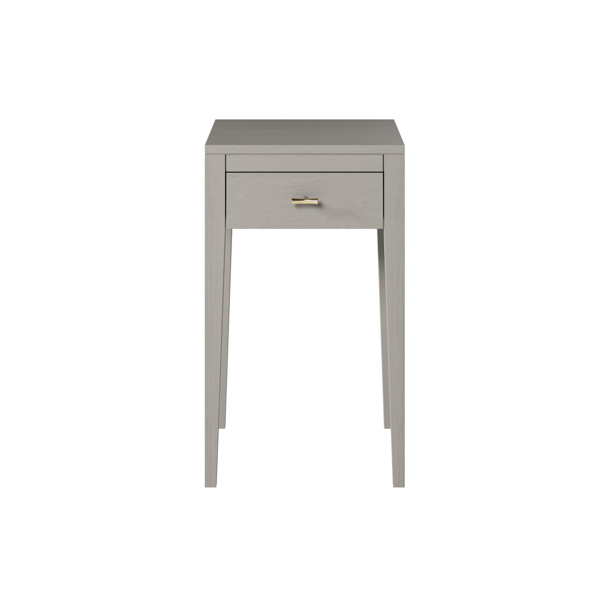 Shop the Radford Bedside Table in grey oak with 1 drawer, visible wood grain and brushed brass bar style handles by D.I. Designs. Shop online now at www.nobleandnook.co.uk