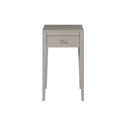 Shop the Radford Bedside Table in grey oak with 1 drawer, visible wood grain and brushed brass bar style handles by D.I. Designs. Shop online now at www.nobleandnook.co.uk