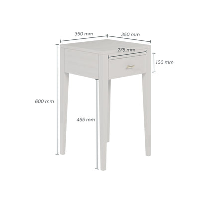 Shop the Radford Bedside Table in grey oak with 1 drawer, visible wood grain and brushed brass bar style handles by D.I. Designs. Shop online now at www.nobleandnook.co.uk