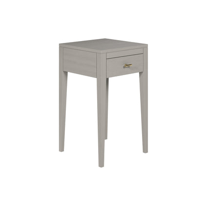 Shop the Radford Bedside Table in grey oak with 1 drawer, visible wood grain and brushed brass bar style handles by D.I. Designs. Shop online now at www.nobleandnook.co.uk