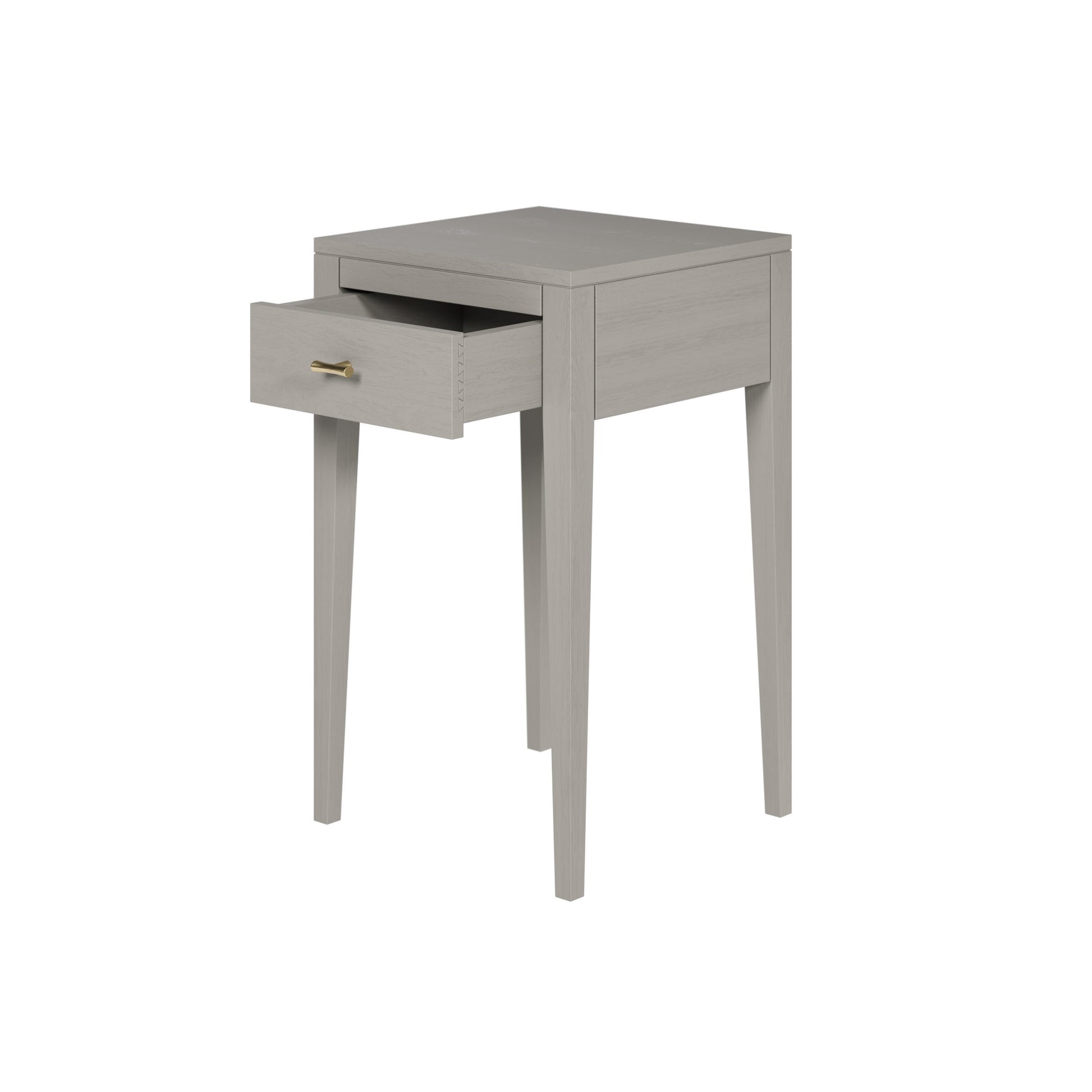 Shop the Radford Bedside Table in grey oak with 1 drawer, visible wood grain and brushed brass bar style handles by D.I. Designs. Shop online now at www.nobleandnook.co.uk