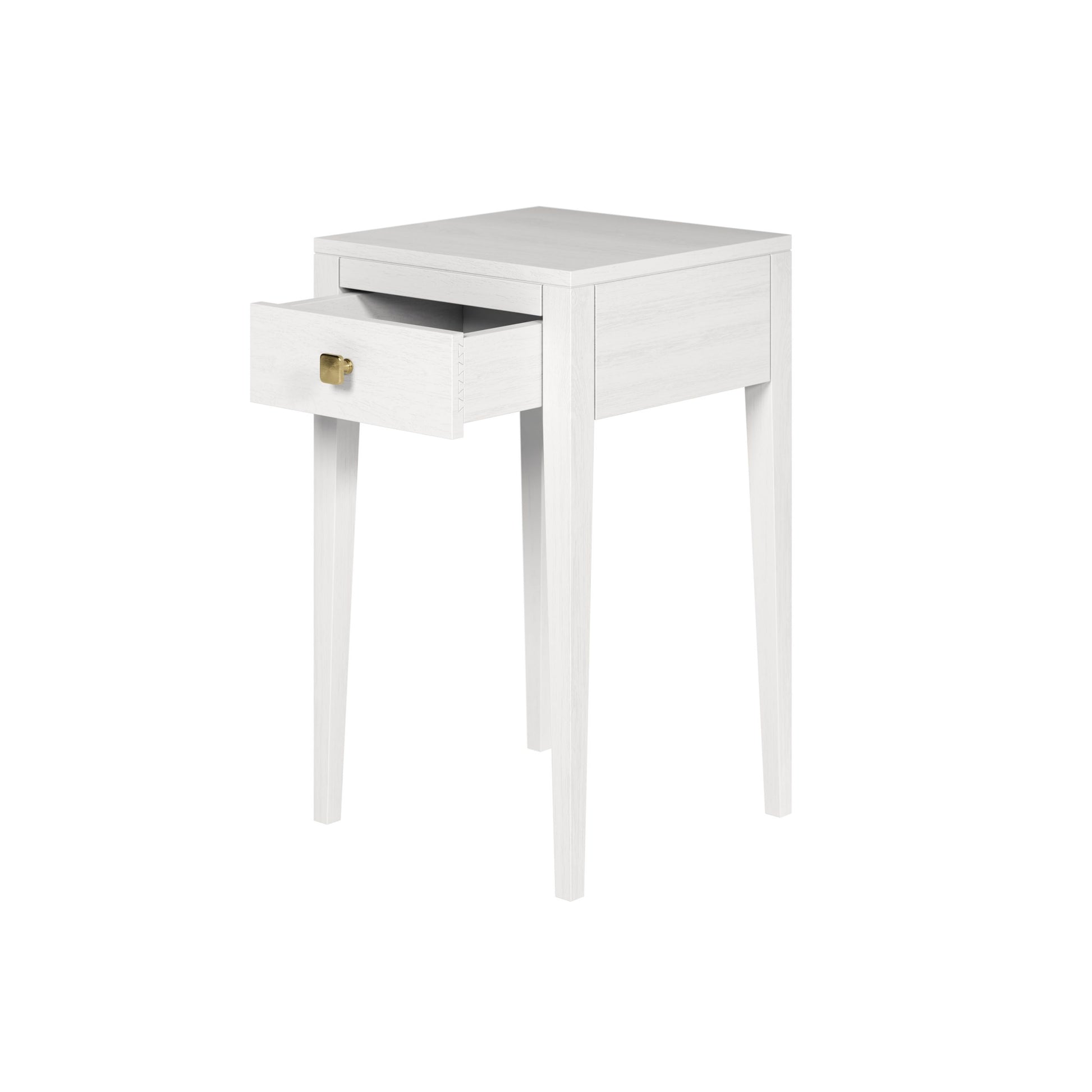 Shop the Radford Bedside Table in white oak, offering 1 drawer, visible grain and brush brass square handle by D.I.Designs. Shop online now at www.nobleandnook.co.uk