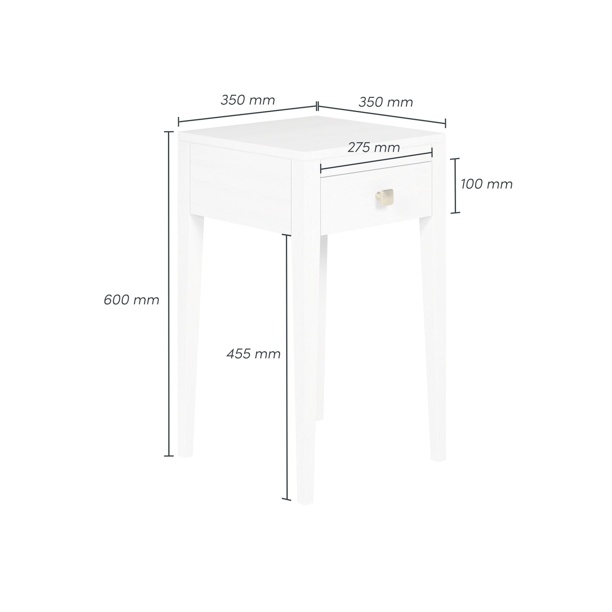 Shop the Radford Bedside Table in white oak, offering 1 drawer, visible grain and brush brass square handle by D.I.Designs. Shop online now at www.nobleandnook.co.uk