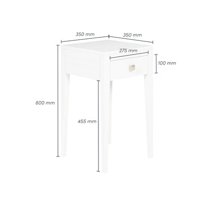 Shop the Radford Bedside Table in white oak, offering 1 drawer, visible grain and brush brass square handle by D.I.Designs. Shop online now at www.nobleandnook.co.uk