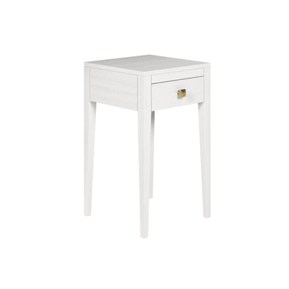 Shop the Radford Bedside Table in white oak, offering 1 drawer, visible grain and brush brass square handle by D.I.Designs. Shop online now at www.nobleandnook.co.uk