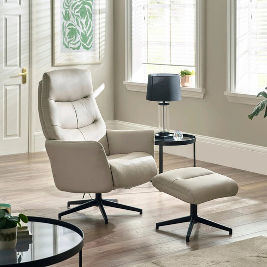 Priya Grey Faux PU Leather Recliner Chair with Matching Footstool – Modern Reclining Armchair