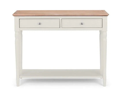 The Provence 2 Drawer Console Table in grey lacquer and limed oak effect top and classic turned legs, making it perfect for hallways or living areas. Available today at www.nobleandnook.co.uk