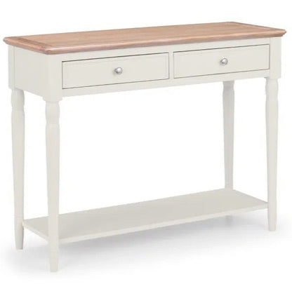 The Provence 2 Drawer Console Table in grey lacquer and limed oak effect top and classic turned legs, making it perfect for hallways or living areas. Available today at www.nobleandnook.co.uk