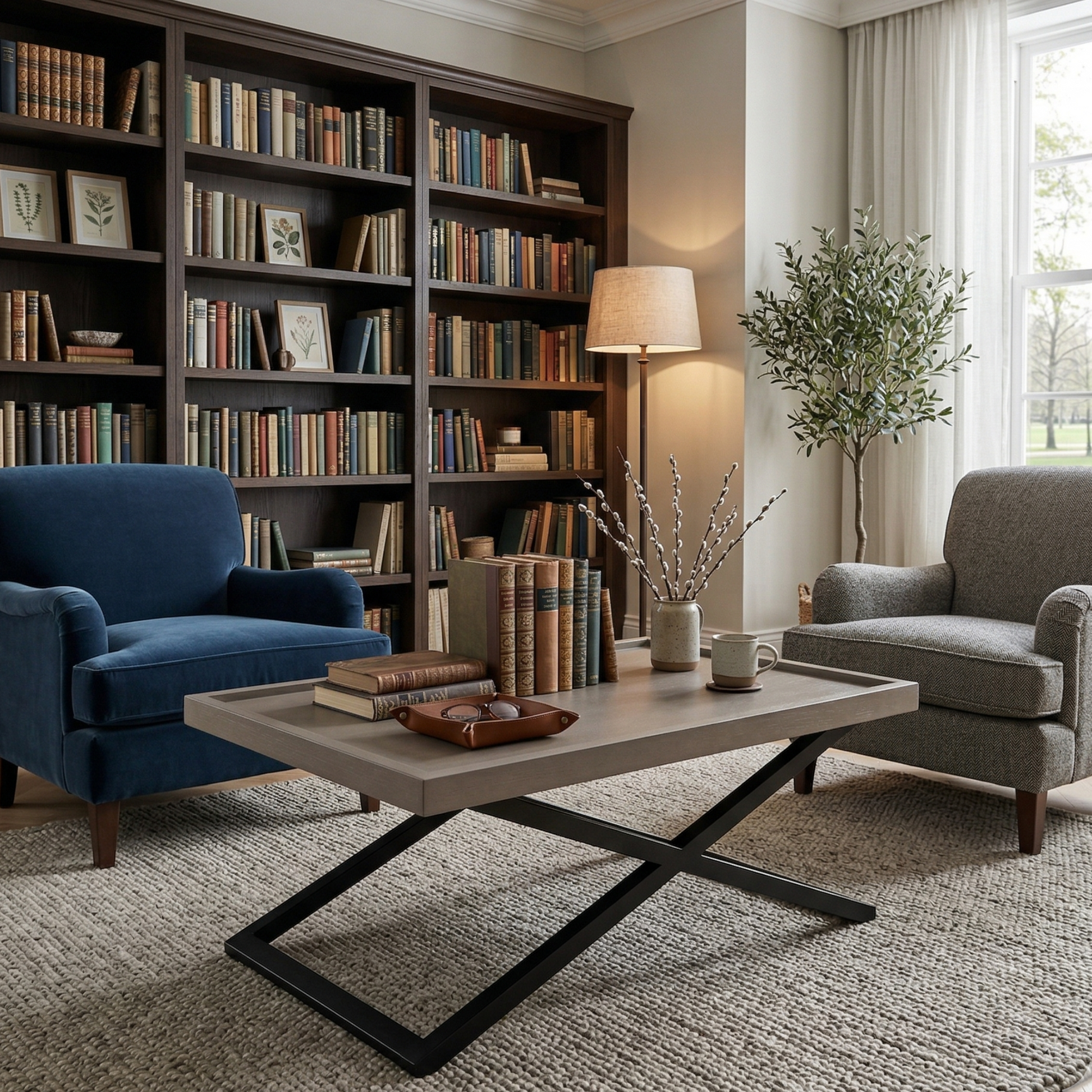 Living room with bookshelves, blue armchair, gray sofa, and coffee table.