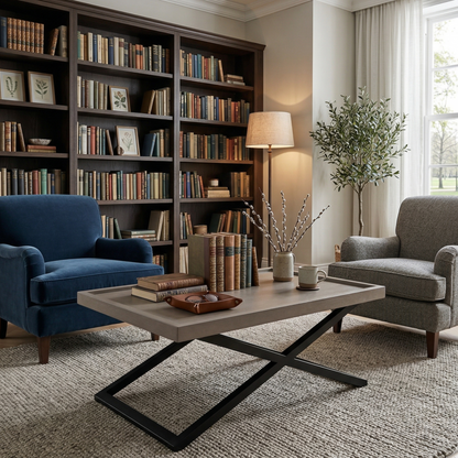 Living room with bookshelves, blue armchair, gray sofa, and coffee table.