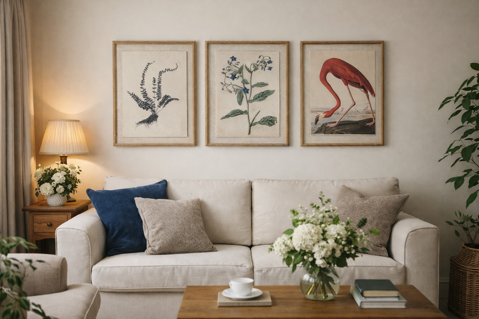 Living room with a beige sofa, decorative pillows, and framed artwork on the wall.