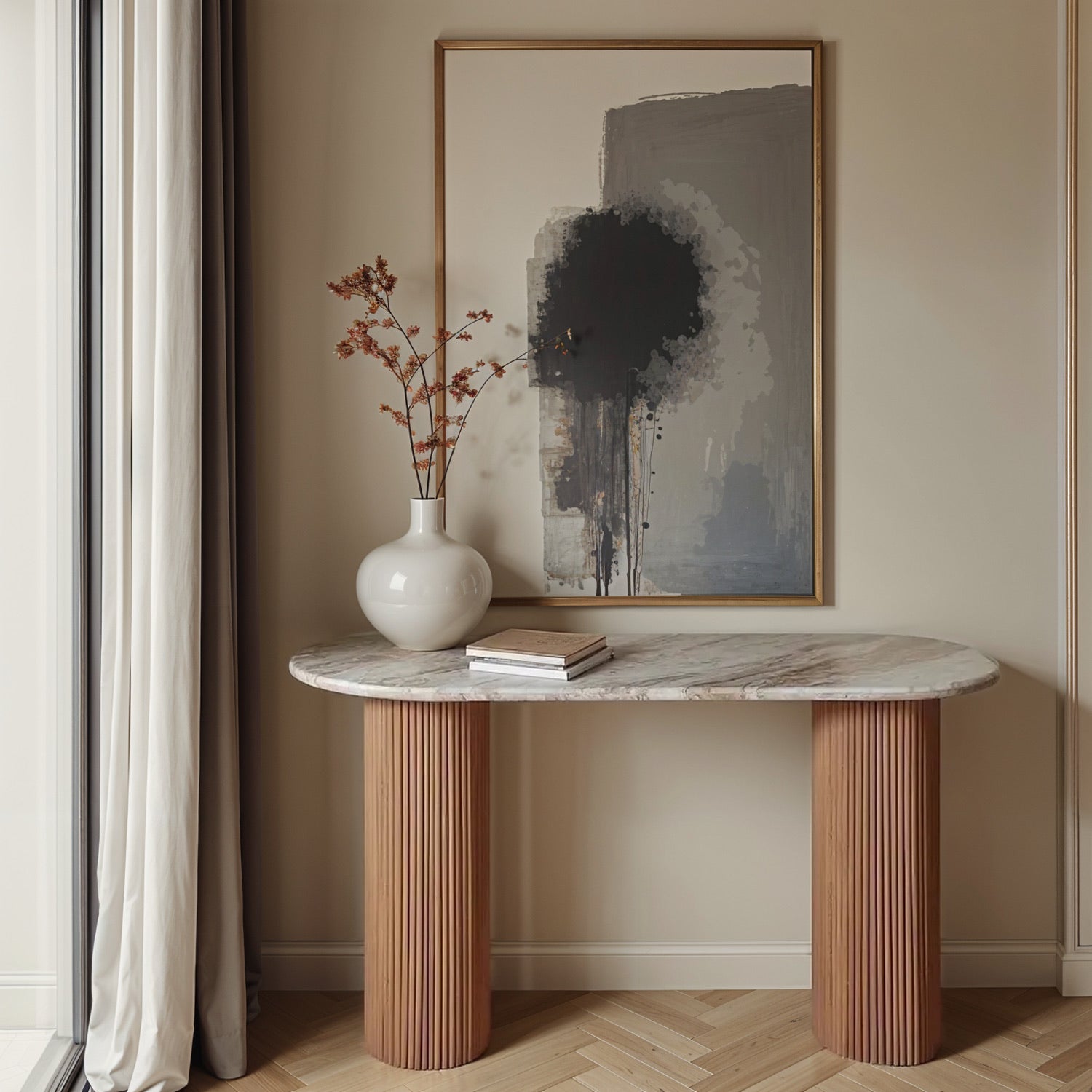MADE TO ORDER - Natural Pale Taupe Marble Top with Solid Mango Wood Base. H77×W120×D40cm. A true statement in minimalism and craftsmanship. Shop online at www.nobleandnook.co.uk