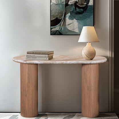 MADE TO ORDER - Natural Pale Taupe Marble Top with Solid Mango Wood Base. H77×W120×D40cm. A true statement in minimalism and craftsmanship. Shop online at www.nobleandnook.co.uk