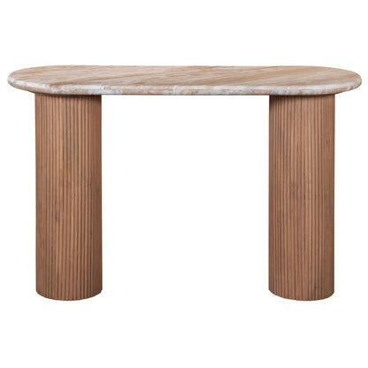 MADE TO ORDER - Natural Pale Taupe Marble Top with Solid Mango Wood Base. H77×W120×D40cm. A true statement in minimalism and craftsmanship. Shop online at www.nobleandnook.co.uk