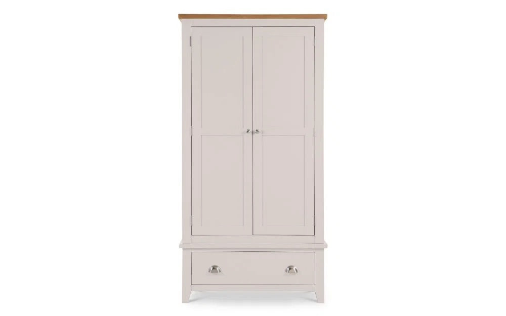 A tall double-door wardrobe with a light beige painted finish, a natural wood top, and a single drawer at the bottom, shown against a plain white background.