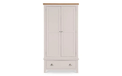 A tall double-door wardrobe with a light beige painted finish, a natural wood top, and a single drawer at the bottom, shown against a plain white background.