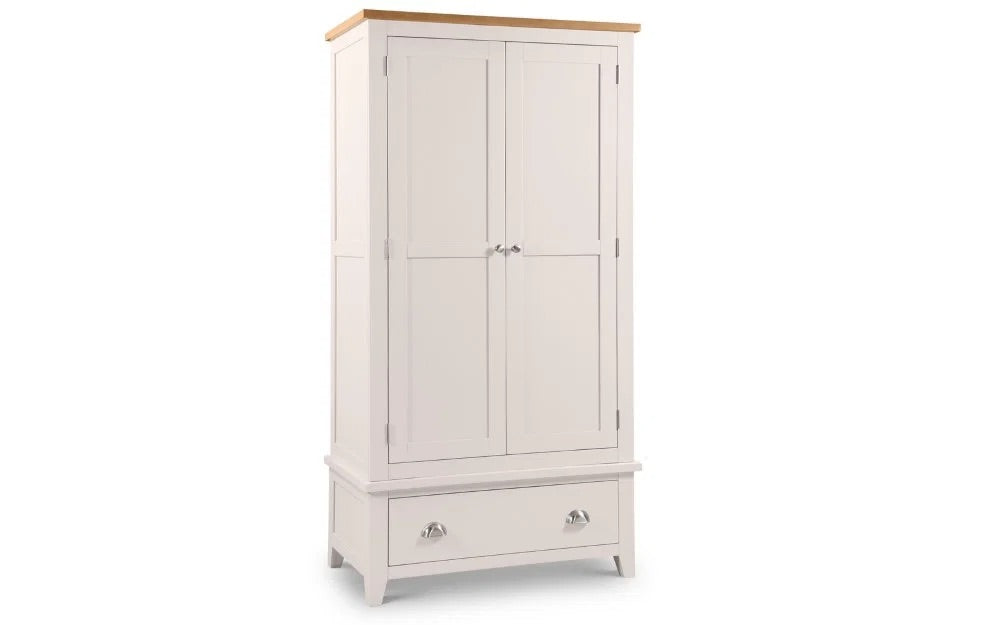 A tall white double-door wardrobe with a natural wood top and a single drawer at the bottom, shown on a plain white background.