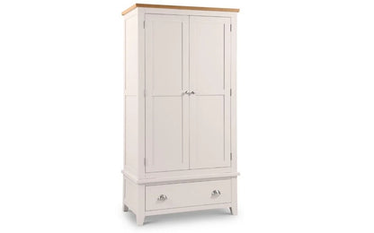 A tall white double-door wardrobe with a natural wood top and a single drawer at the bottom, shown on a plain white background.