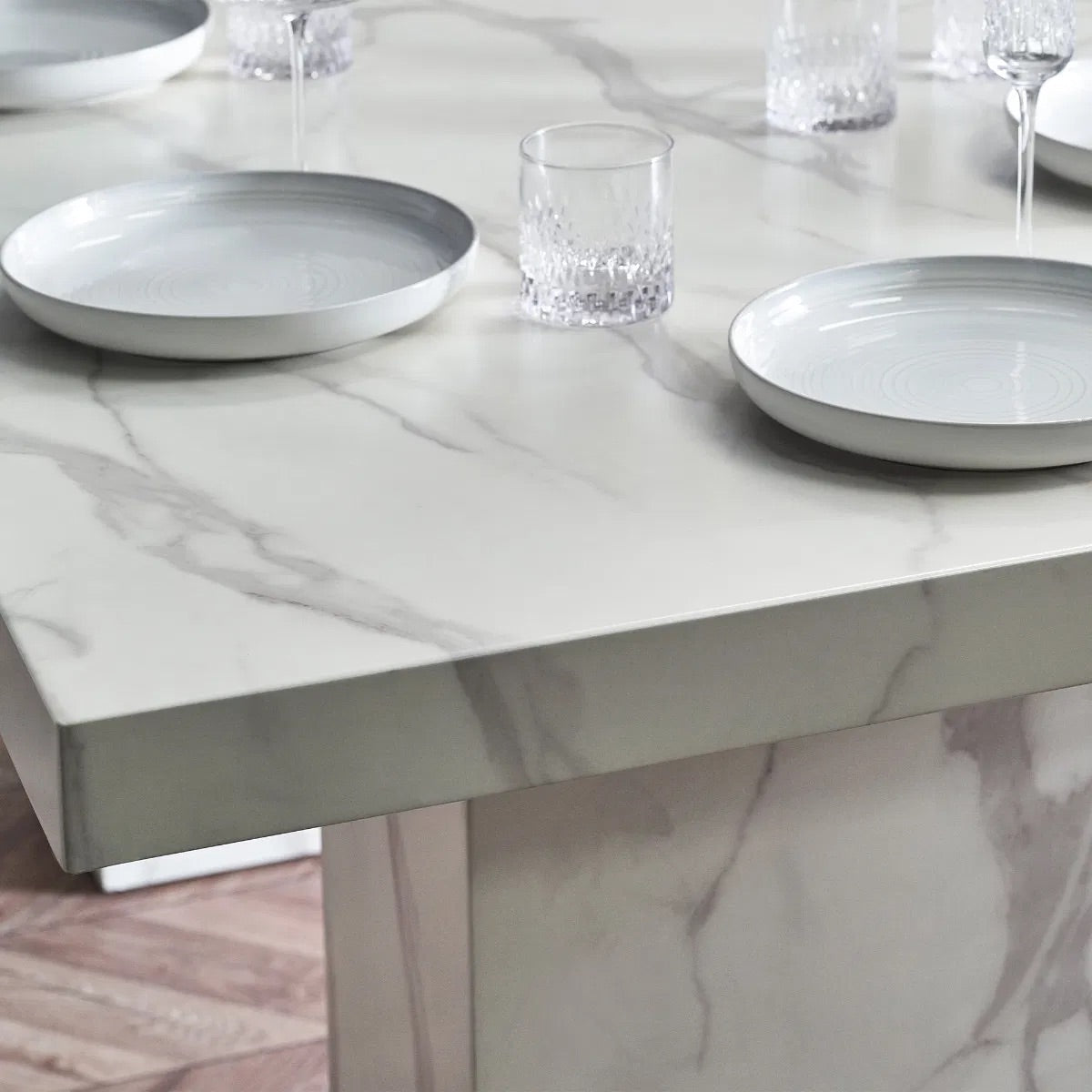 Bring refined elegance to your home with the Rome 6 Seater Dining Table with a striking white marble effect finish and contemporary pedestal legs. H171 x D196 x W119 cm. Available today at www.nobleandnook.co.uk