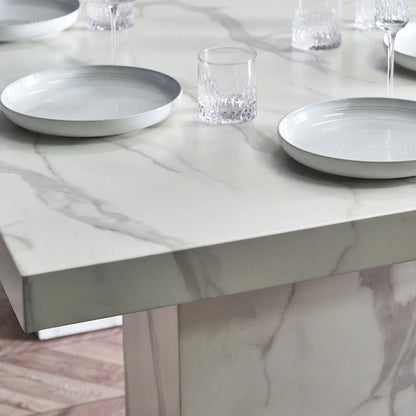 Bring refined elegance to your home with the Rome 6 Seater Dining Table with a striking white marble effect finish and contemporary pedestal legs. H171 x D196 x W119 cm. Available today at www.nobleandnook.co.uk