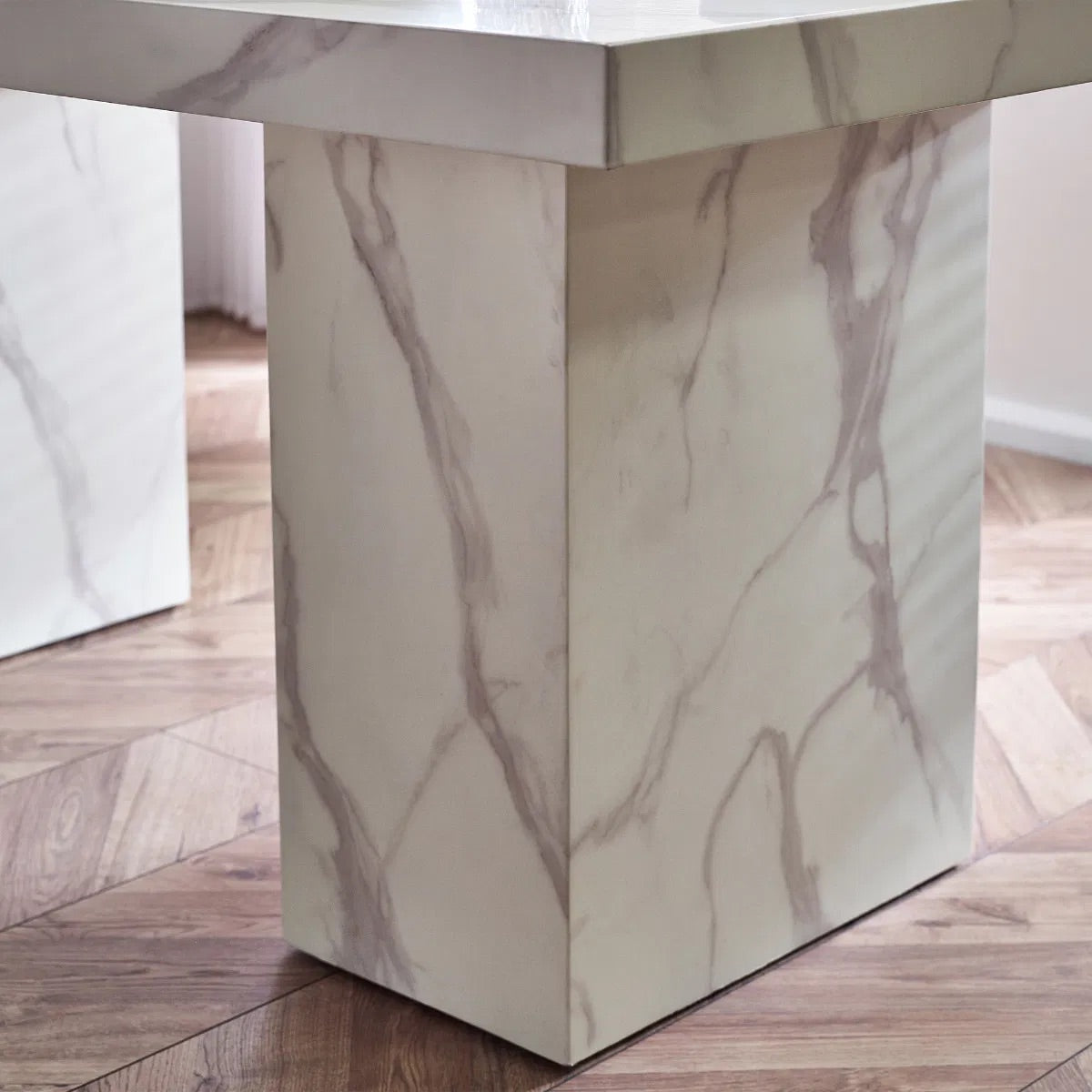 Bring refined elegance to your home with the Rome 6 Seater Dining Table with a striking white marble effect finish and contemporary pedestal legs. H171 x D196 x W119 cm. Available today at www.nobleandnook.co.uk