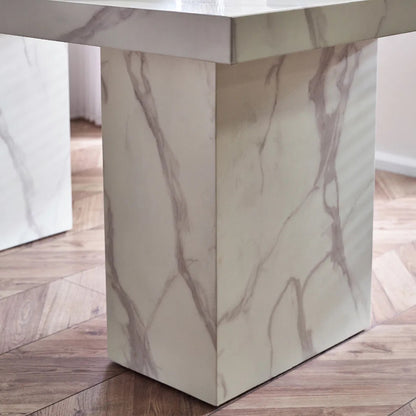 Bring refined elegance to your home with the Rome 6 Seater Dining Table with a striking white marble effect finish and contemporary pedestal legs. H171 x D196 x W119 cm. Available today at www.nobleandnook.co.uk