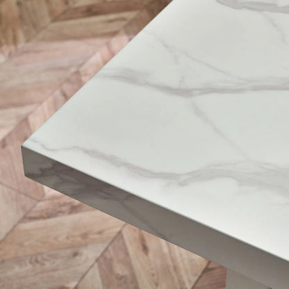 Bring refined elegance to your home with the Rome 6 Seater Dining Table with a striking white marble effect finish and contemporary pedestal legs. H171 x D196 x W119 cm. Available today at www.nobleandnook.co.uk