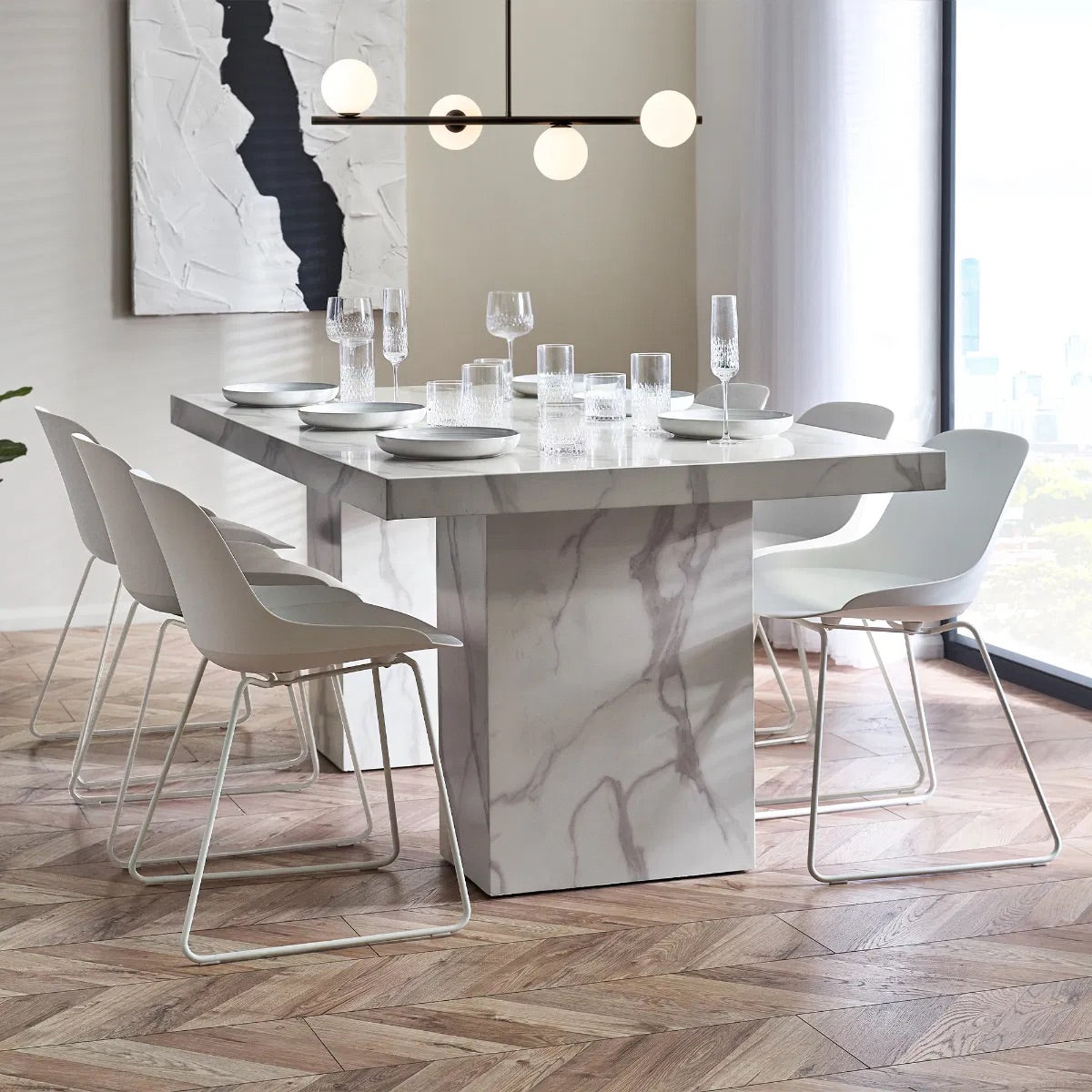 Bring refined elegance to your home with the Rome 6 Seater Dining Table with a striking white marble effect finish and contemporary pedestal legs. H171 x D196 x W119 cm. Available today at www.nobleandnook.co.uk