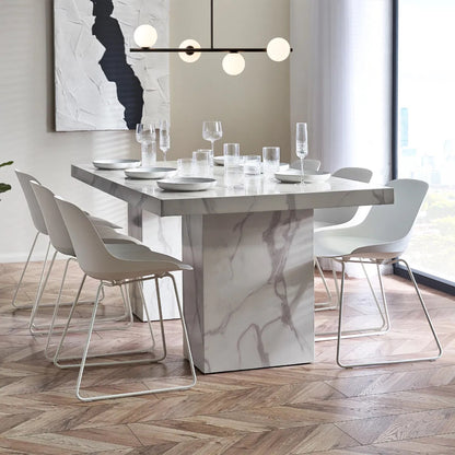 Bring refined elegance to your home with the Rome 6 Seater Dining Table with a striking white marble effect finish and contemporary pedestal legs. H171 x D196 x W119 cm. Available today at www.nobleandnook.co.uk