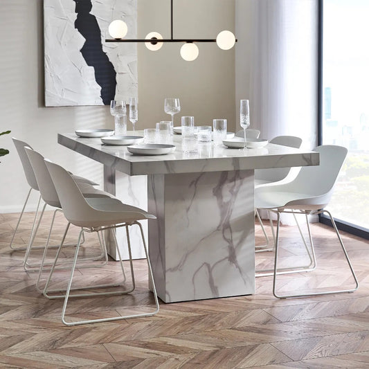 Bring refined elegance to your home with the Rome 6 Seater Dining Table with a striking white marble effect finish and contemporary pedestal legs. H171 x D196 x W119 cm. Available today at www.nobleandnook.co.uk