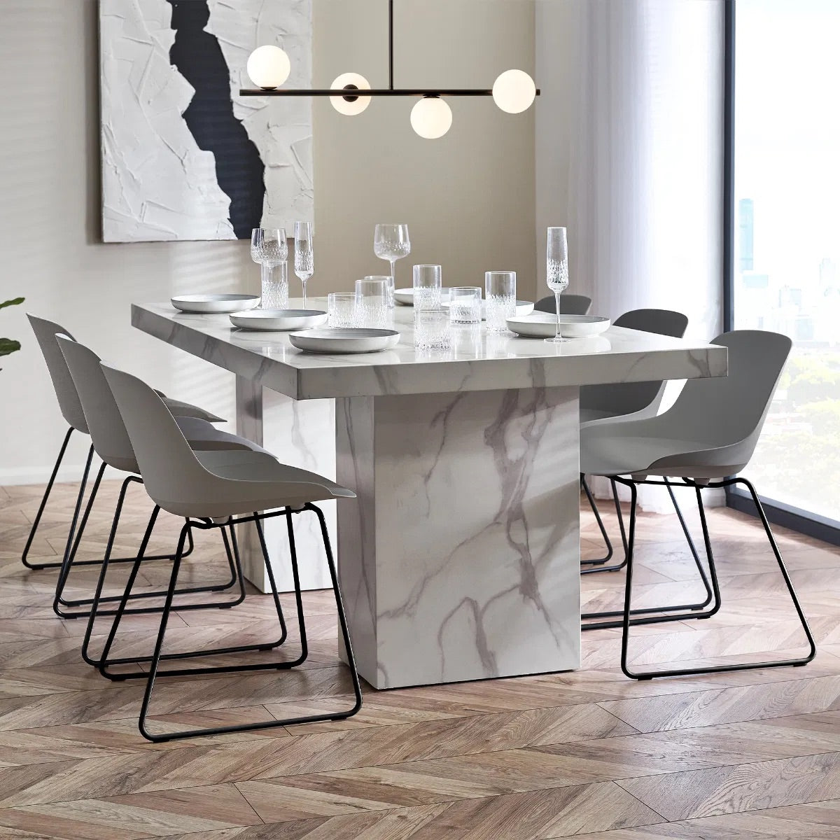 Bring refined elegance to your home with the Rome 6 Seater Dining Table with a striking white marble effect finish and contemporary pedestal legs. H171 x D196 x W119 cm. Available today at www.nobleandnook.co.uk