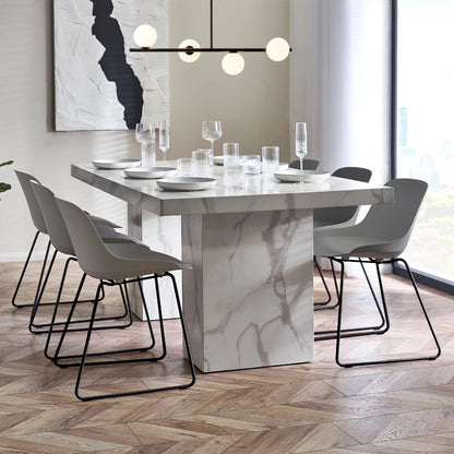 Bring refined elegance to your home with the Rome 6 Seater Dining Table with a striking white marble effect finish and contemporary pedestal legs. H171 x D196 x W119 cm. Available today at www.nobleandnook.co.uk