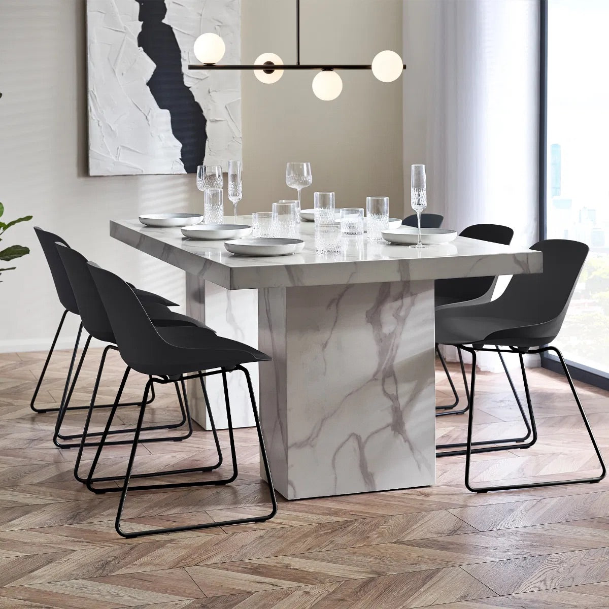 Bring refined elegance to your home with the Rome 6 Seater Dining Table with a striking white marble effect finish and contemporary pedestal legs. H171 x D196 x W119 cm. Available today at www.nobleandnook.co.uk