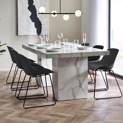 Bring refined elegance to your home with the Rome 6 Seater Dining Table with a striking white marble effect finish and contemporary pedestal legs. H171 x D196 x W119 cm. Available today at www.nobleandnook.co.uk