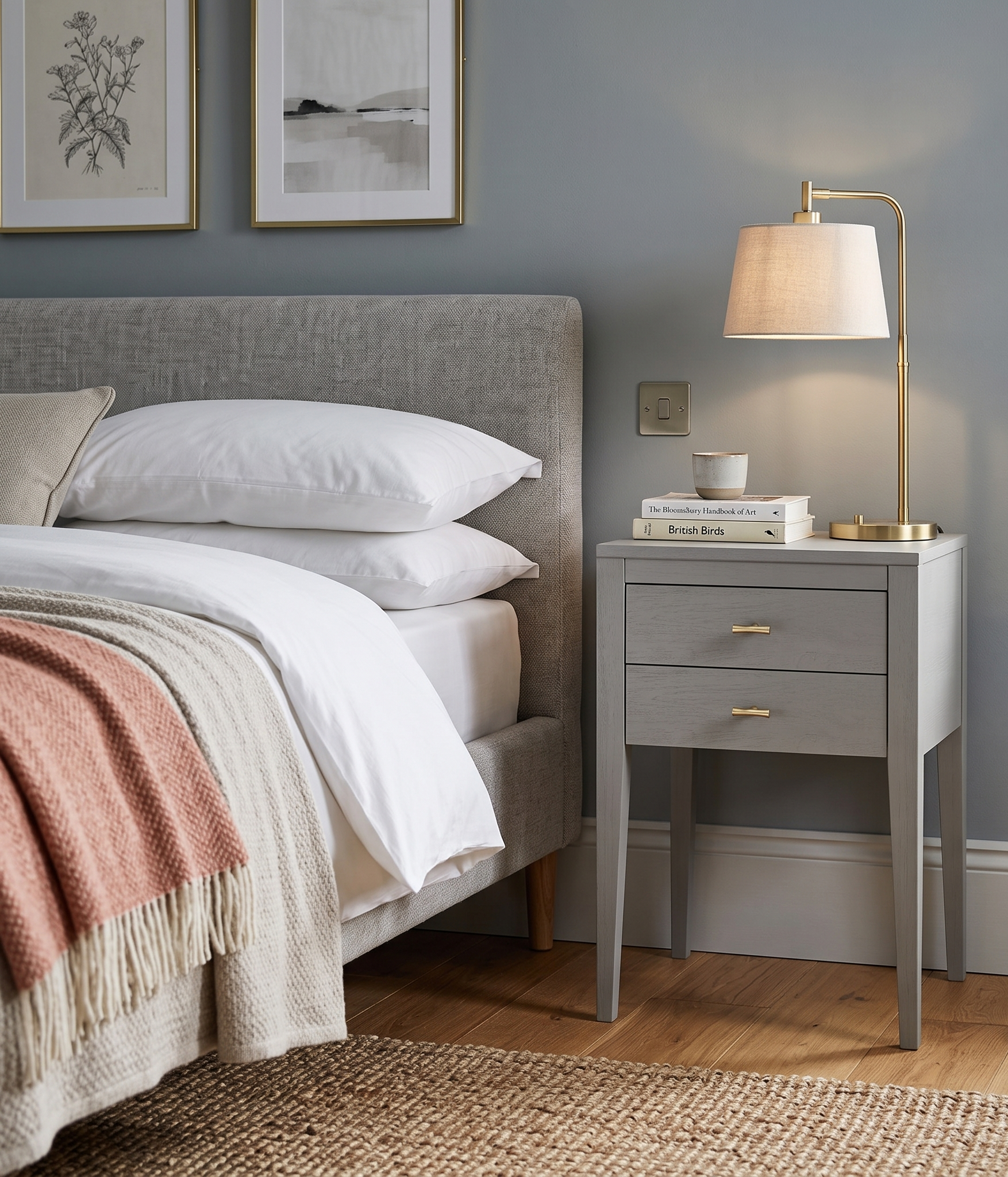 Gray upholstered bed with white bedding and a nightstand with a lamp in a bedroom setting.
