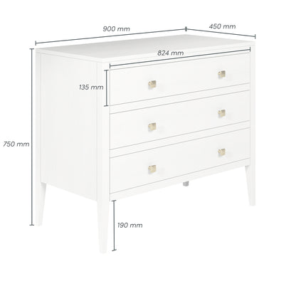 Shop the solid oak Radford Chest of Drawers in white solid oak with visible grain and brass square handles by D.I. Designs. FREE UK MAINLAND DELIVERY. Shop online now at www.nobleandnook.co.uk