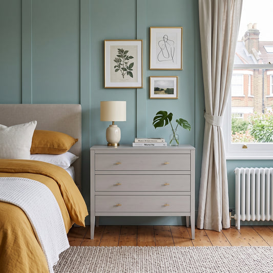 A light gray three-drawer nightstand in a styled bedroom, styled with a cream table lamp, a small vase with a green plant, and books. The nightstand is set against a teal paneled wall next to a bed with yellow bedding.